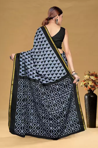Hand block print with hevay zari bodar sarees