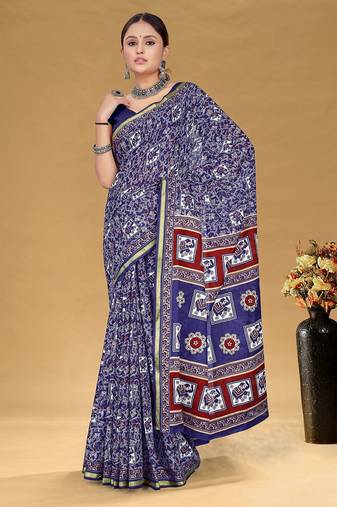 Hand block print with hevay zari bodar sarees