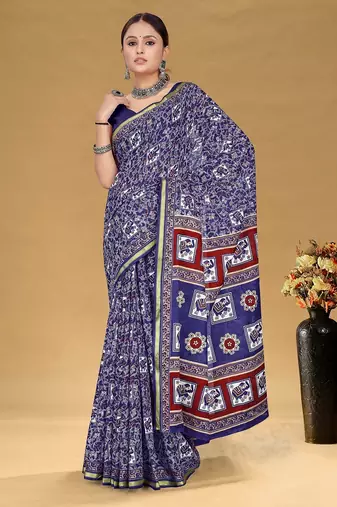 Hand block print with hevay zari bodar sarees