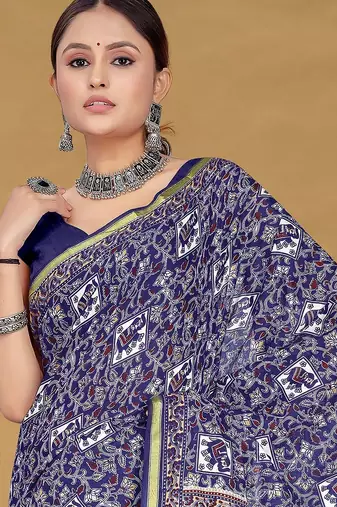 Hand block print with hevay zari bodar sarees