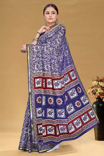 Hand block print with hevay zari bodar sarees
