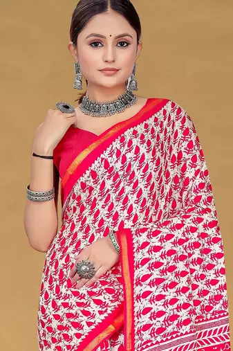 Hand block print with hevay zari bodar sarees