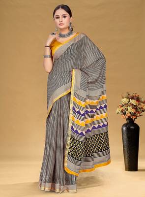 Hand block print with hevay zari bodar sarees 1