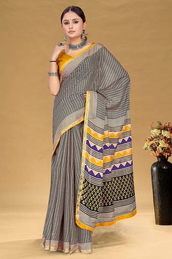 Hand block print with hevay zari bodar sarees