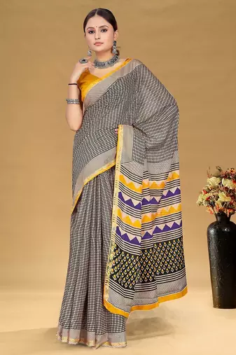 Hand block print with hevay zari bodar sarees