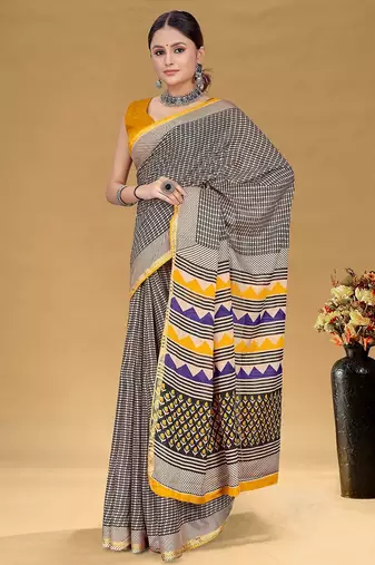 Hand block print with hevay zari bodar sarees