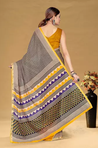 Hand block print with hevay zari bodar sarees