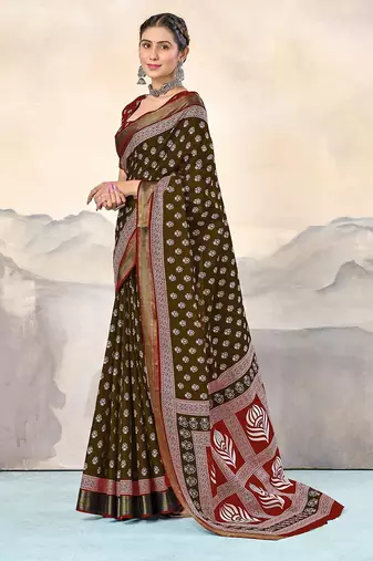 Hand block print with hevay zari bodar sarees