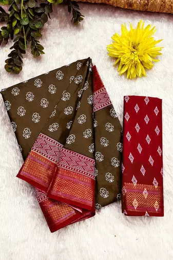 Hand block print with hevay zari bodar sarees