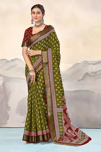 Hand block print with hevay zari bodar sarees