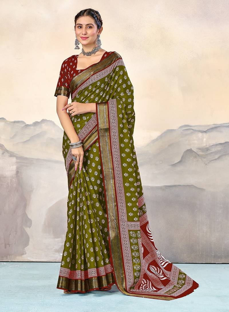 Hand block print with hevay zari bodar sarees