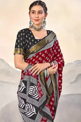 Hand block print with hevay zari bodar sarees