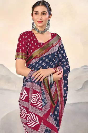 Hand block print with hevay zari bodar sarees