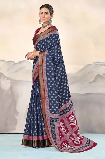 Hand block print with hevay zari bodar sarees