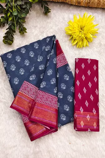 Hand block print with hevay zari bodar sarees
