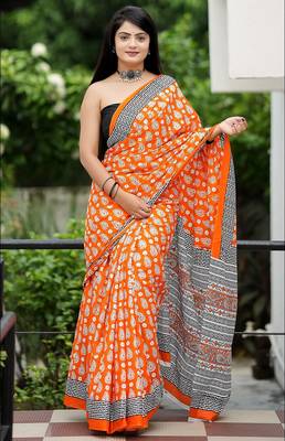 Ajrakh fancy hand block mulmul cotton sarees 1