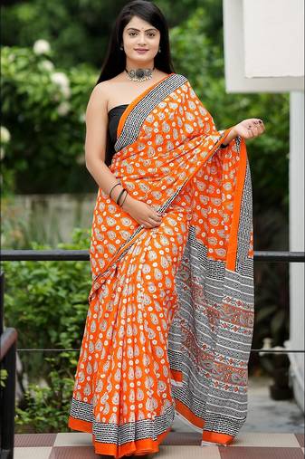 Ajrakh fancy hand block mulmul cotton sarees