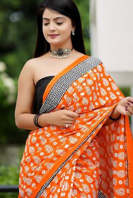 Ajrakh fancy hand block mulmul cotton sarees 2