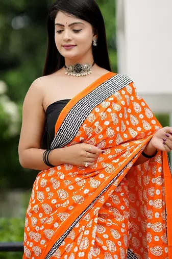 Ajrakh fancy hand block mulmul cotton sarees