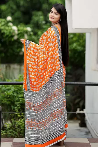 Ajrakh fancy hand block mulmul cotton sarees