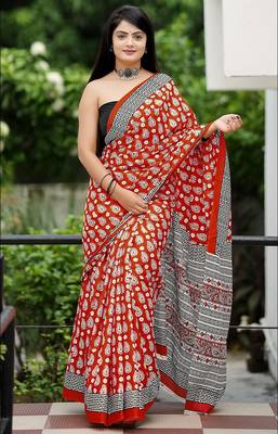 Ajrakh fancy hand block mulmul cotton sarees 1