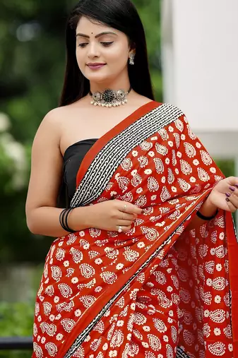 Ajrakh fancy hand block mulmul cotton sarees