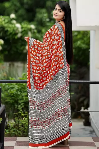 Ajrakh fancy hand block mulmul cotton sarees