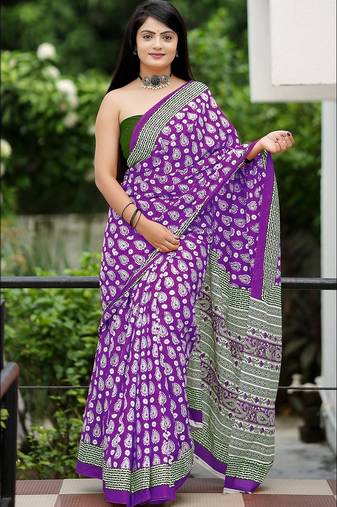 Ajrakh fancy hand block mulmul cotton sarees