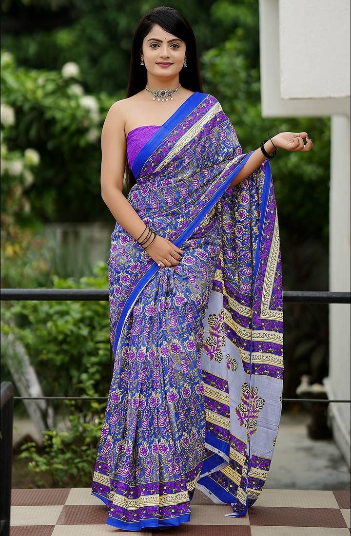 Ajrakh fancy hand block mulmul cotton sarees
