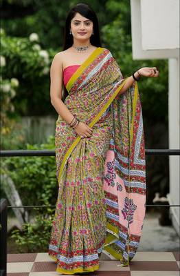 Ajrakh fancy hand block mulmul cotton sarees 1
