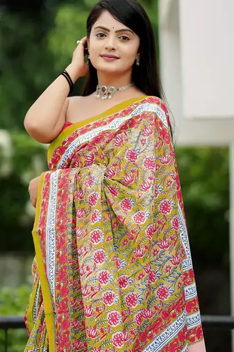 Ajrakh fancy hand block mulmul cotton sarees