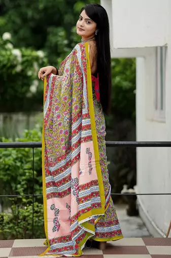 Ajrakh fancy hand block mulmul cotton sarees