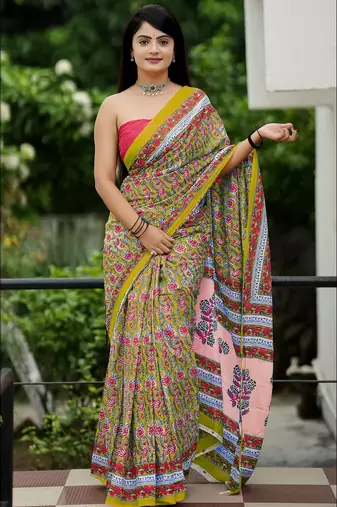 Ajrakh fancy hand block mulmul cotton sarees