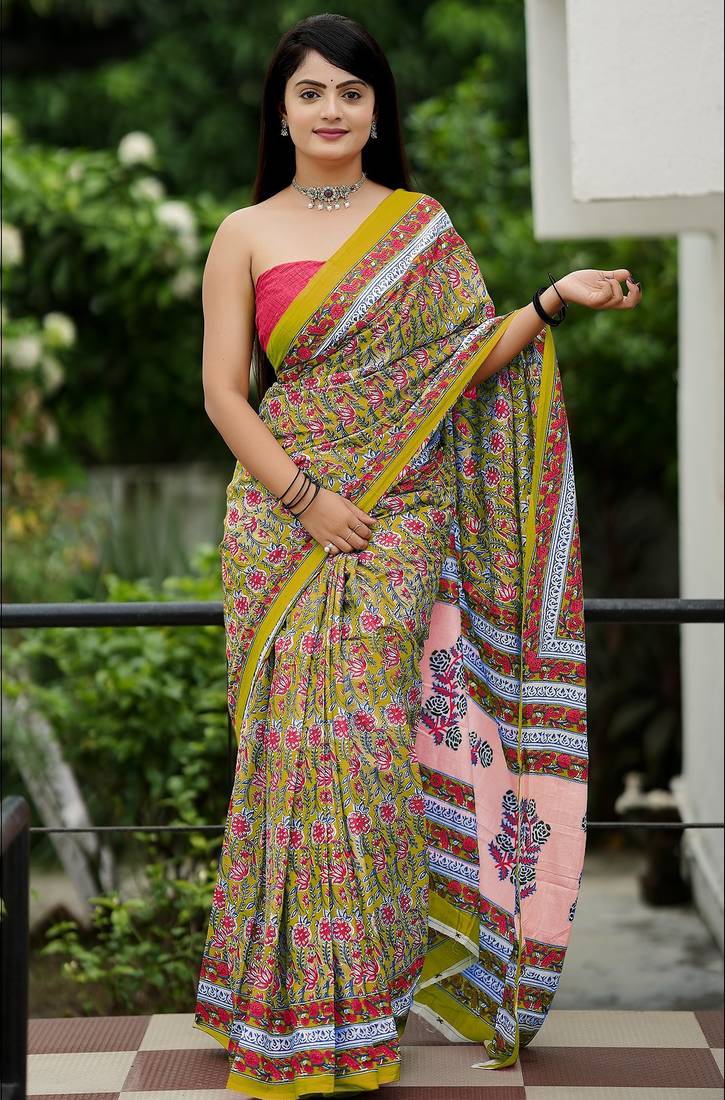Ajrakh fancy hand block mulmul cotton sarees