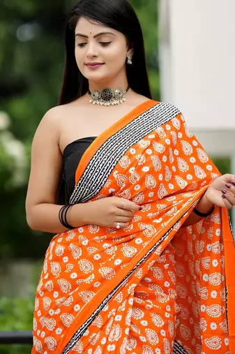 Ajrakh fancy hand block mulmul cotton sarees