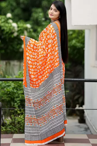 Ajrakh fancy hand block mulmul cotton sarees