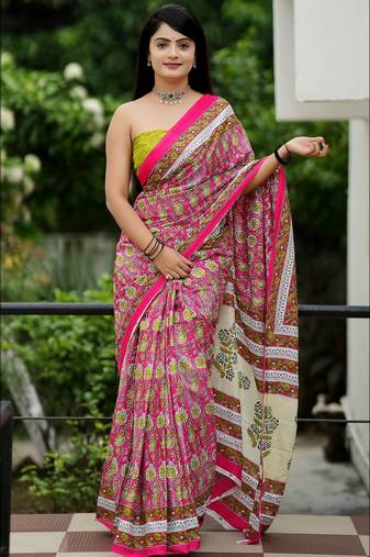 Ajrakh fancy hand block mulmul cotton sarees