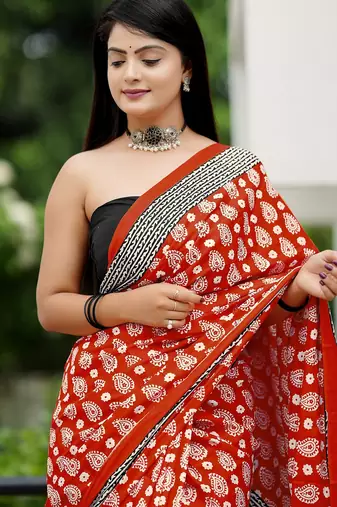 Ajrakh fancy hand block mulmul cotton sarees