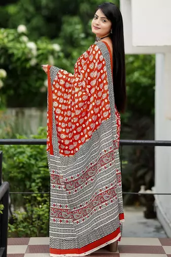 Ajrakh fancy hand block mulmul cotton sarees