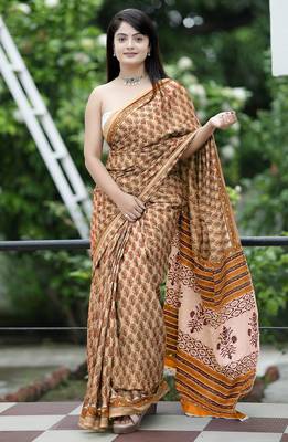 Ajrakh fancy hand block mulmul cotton sarees 1