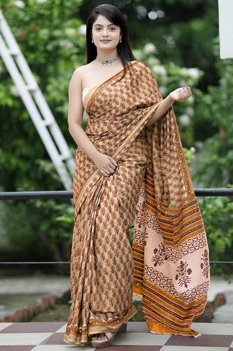 Ajrakh fancy hand block mulmul cotton sarees