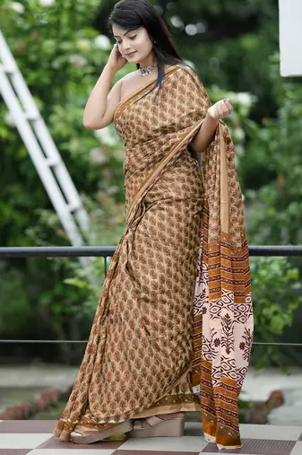 Ajrakh fancy hand block mulmul cotton sarees