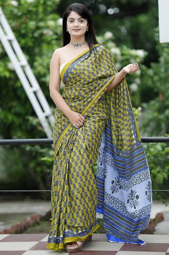 Ajrakh fancy hand block mulmul cotton sarees