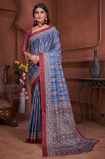 Ajrakh fancy hand block mulmul cotton sarees