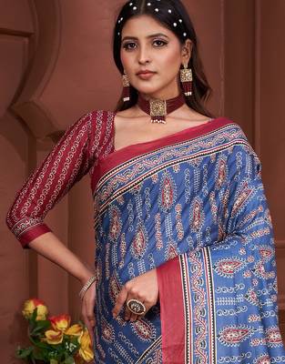 Ajrakh fancy hand block mulmul cotton sarees 2