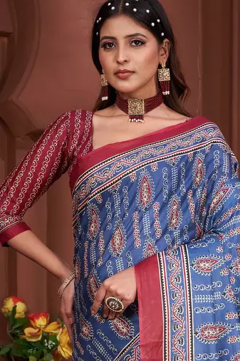 Ajrakh fancy hand block mulmul cotton sarees