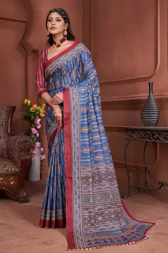 Ajrakh fancy hand block mulmul cotton sarees