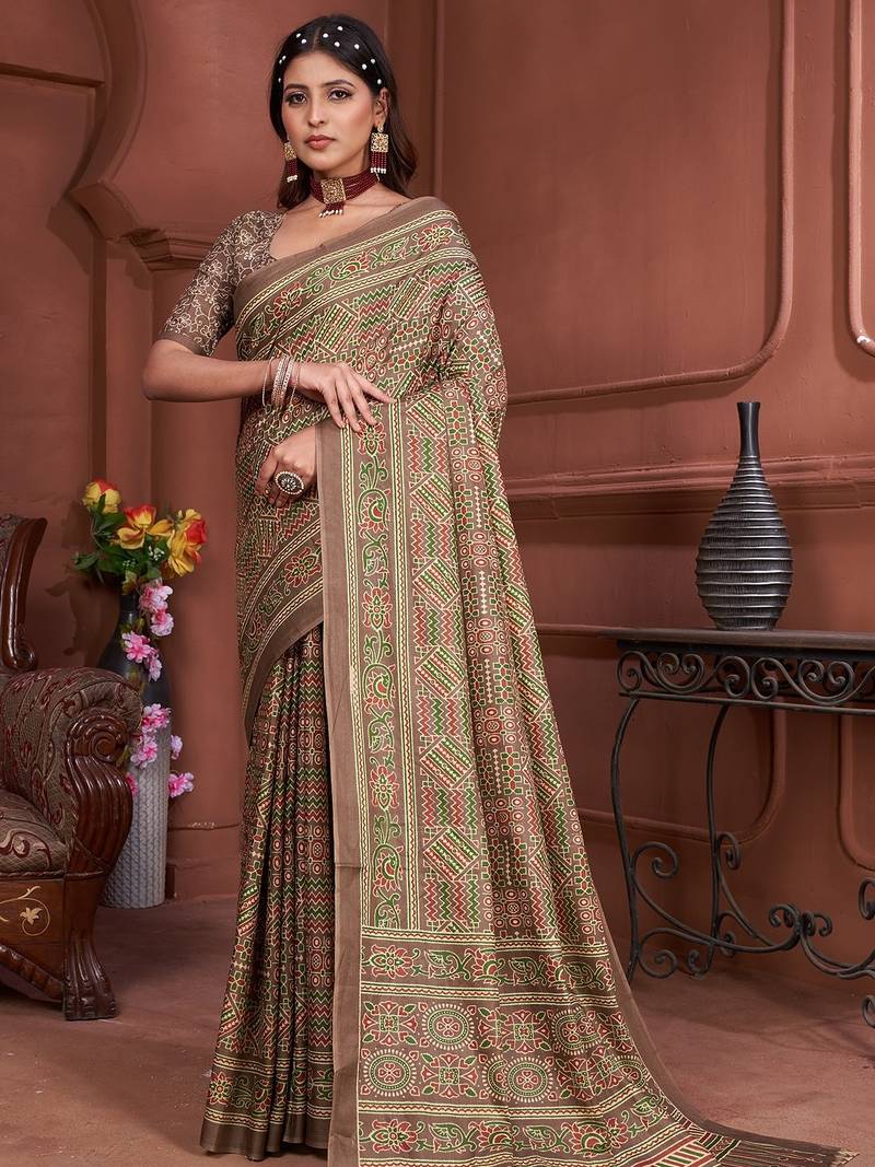Ajrakh fancy hand block mulmul cotton sarees