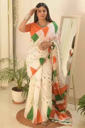 Mulmul cotton hand block printed with mirror work