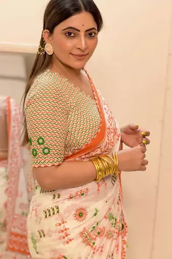 Mulmul cotton hand block printed with mirror work